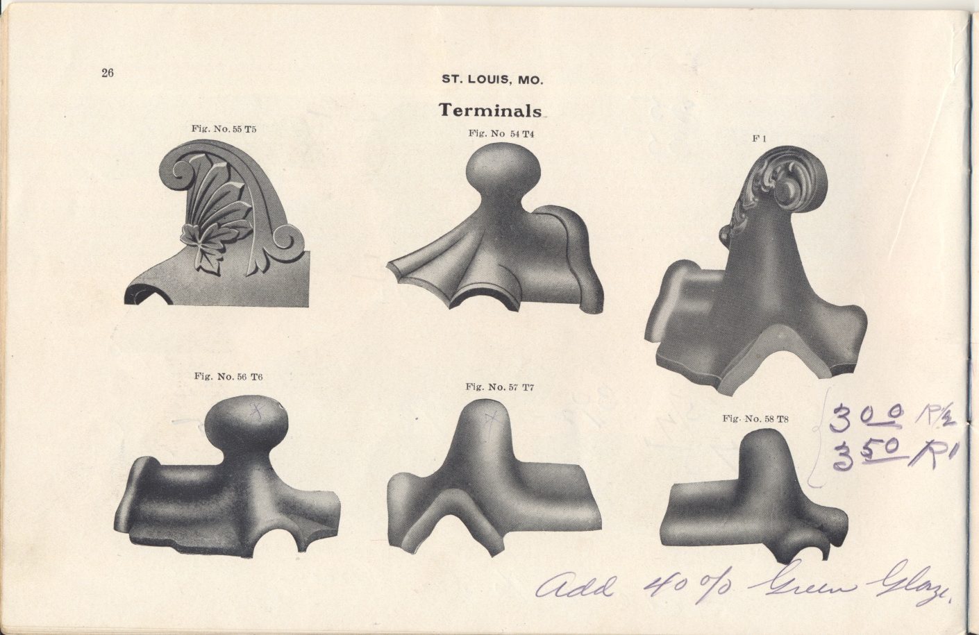 This is an illustration of six varying terminals from Mound City Roofing Tile Company.