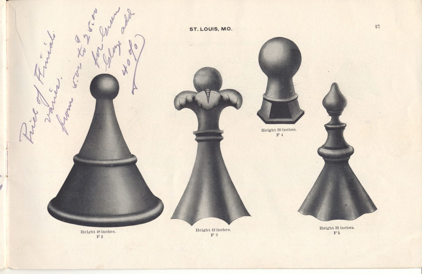 This is an illustration of four varying finials from Mound City Roofing Tile Company. From left to right, the first has a height of 48 inches, the second has a height of 42 inches, the third has a height of 20 inches and the fourth has a height of 32 inches.